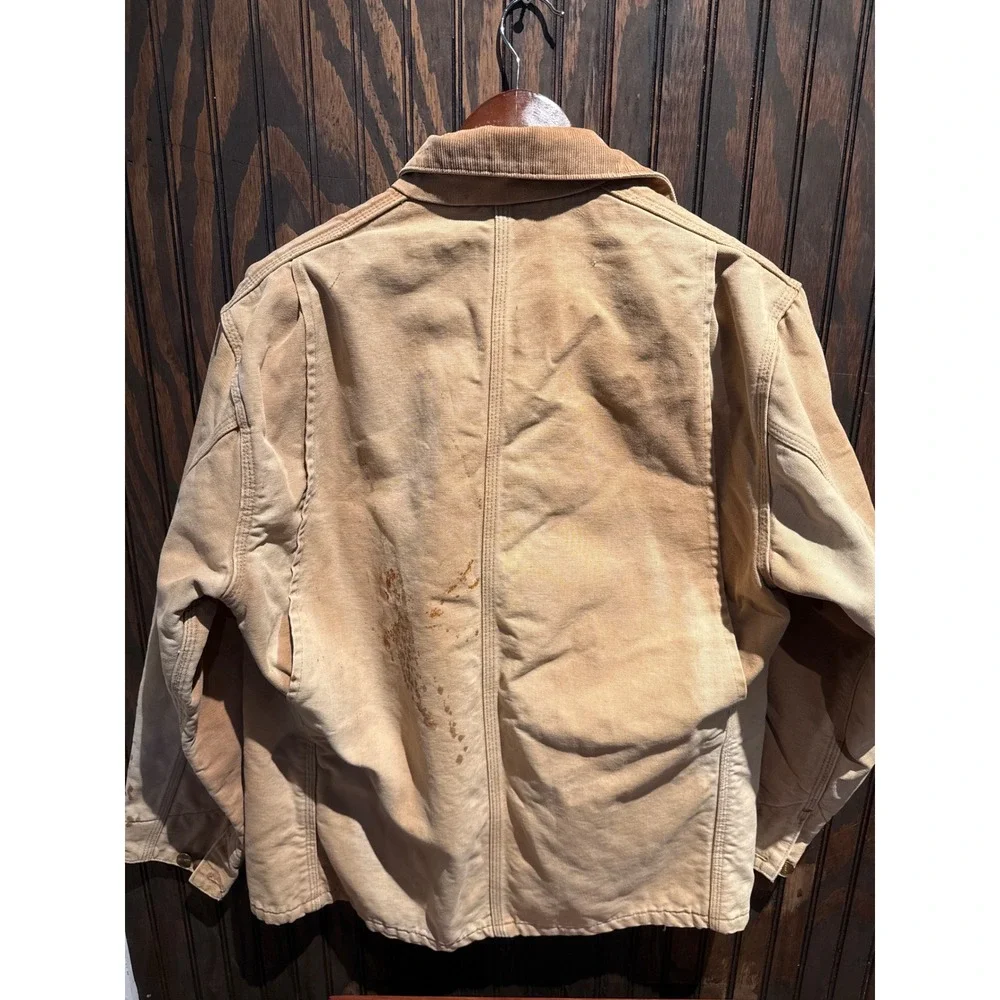 Vintage Carhartt Chore Coat Tan Duck Canvas Blanket Lined‎ Corduroy Collar Mens